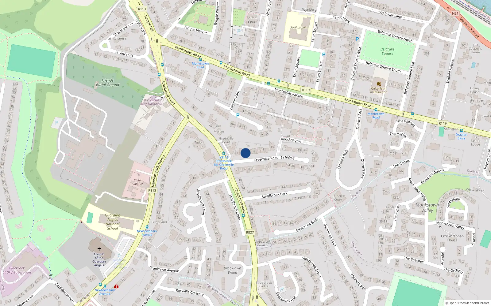 Overhead map showing the location of Loreto 5 Greenville Road, Blackrock, Dublin