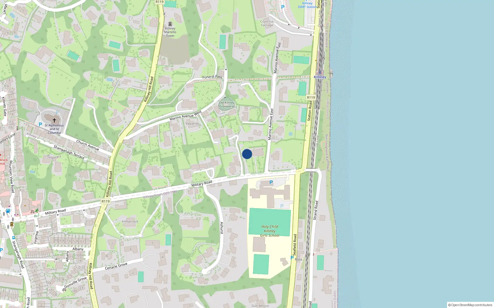 Overhead map showing the location of Military Road, Killiney