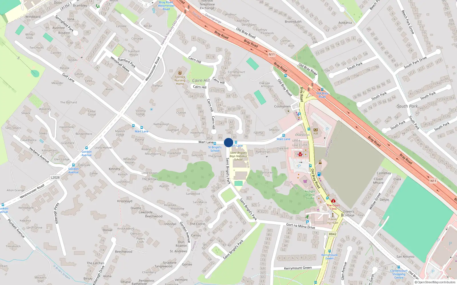 Overhead map showing the location of Mart Lane, Foxrock