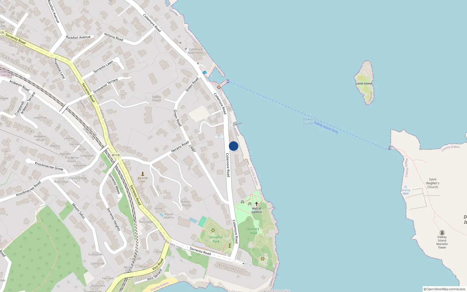 Overhead map showing the location of Coliemore Road, Dalkey