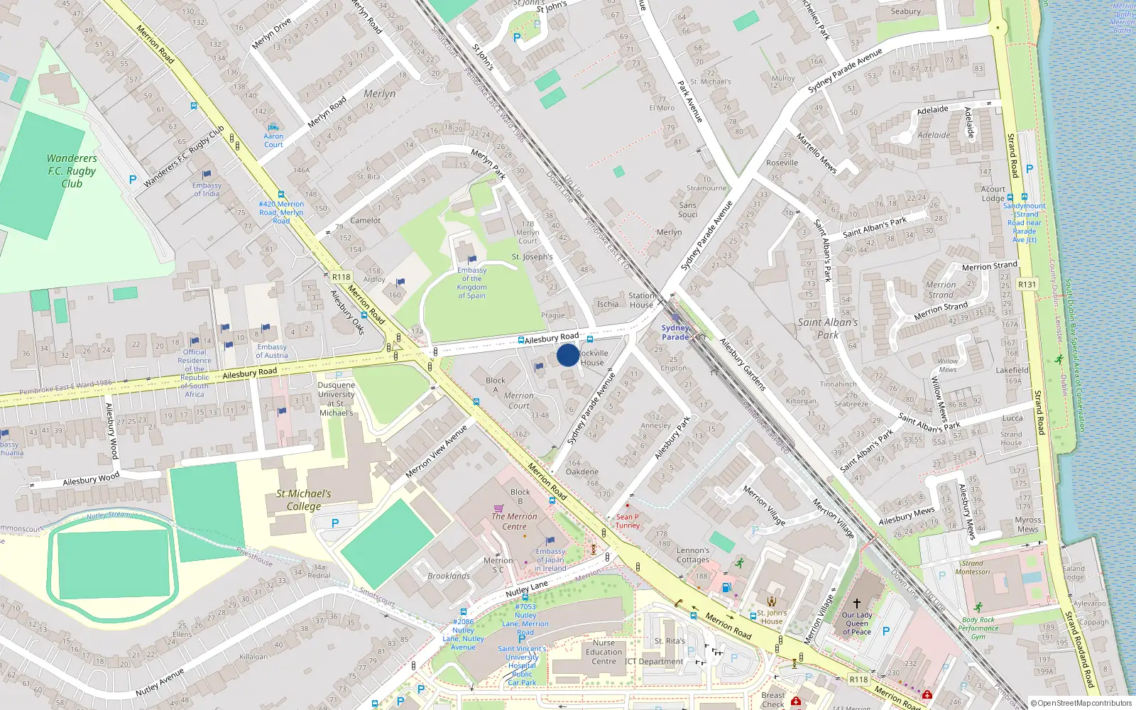 Overhead map showing the location of 2 Ailesbury Way, Merrion
