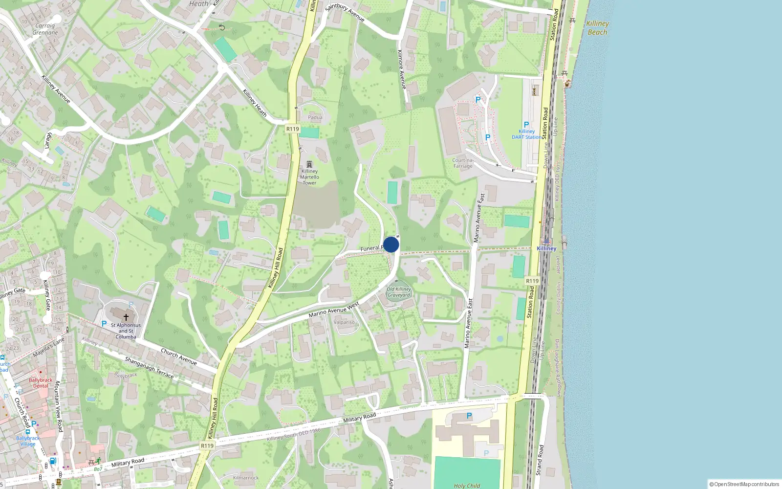 Overhead map showing the location of Marino Avenue West, Killiney