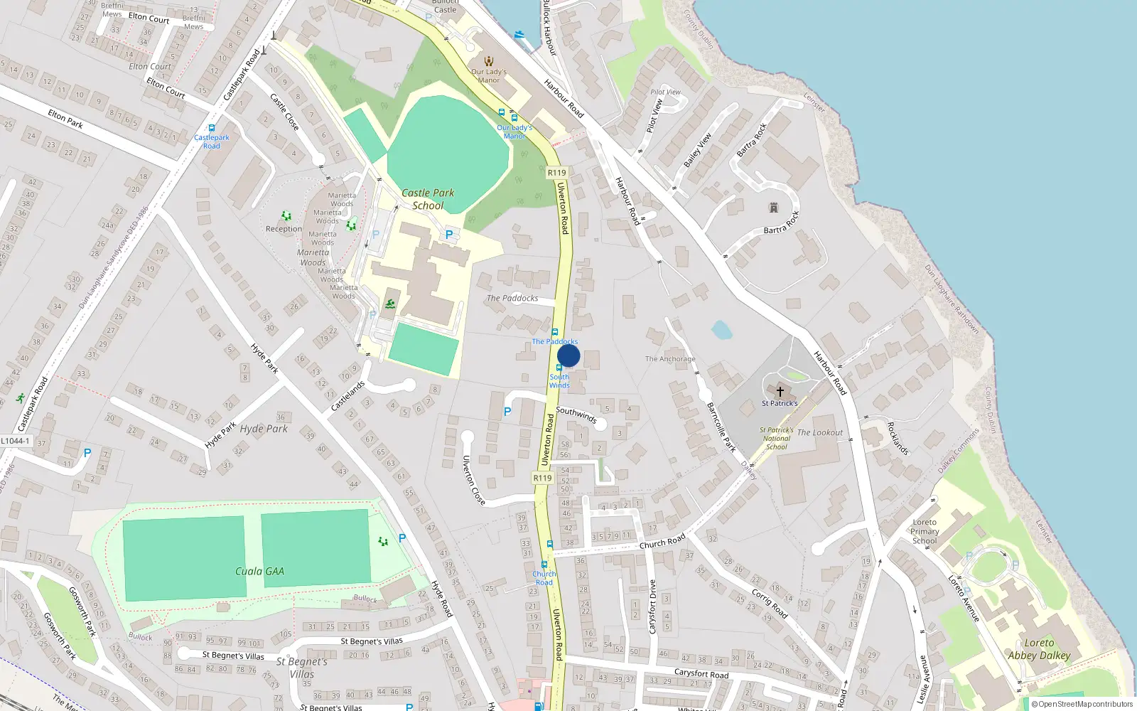 Overhead map showing the location of Bullock, Dublin, Co. Dublin