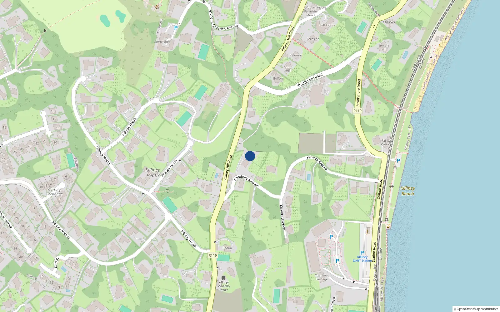Overhead map showing the location of Killiney Hill Road, Killiney