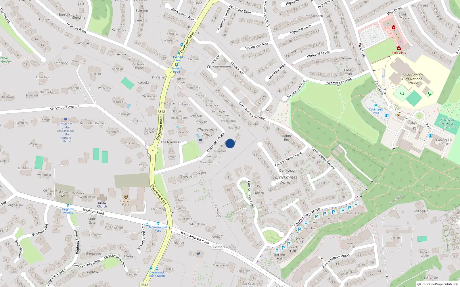 Overhead map showing the location of 10 Claremont Pines, Dublin 18