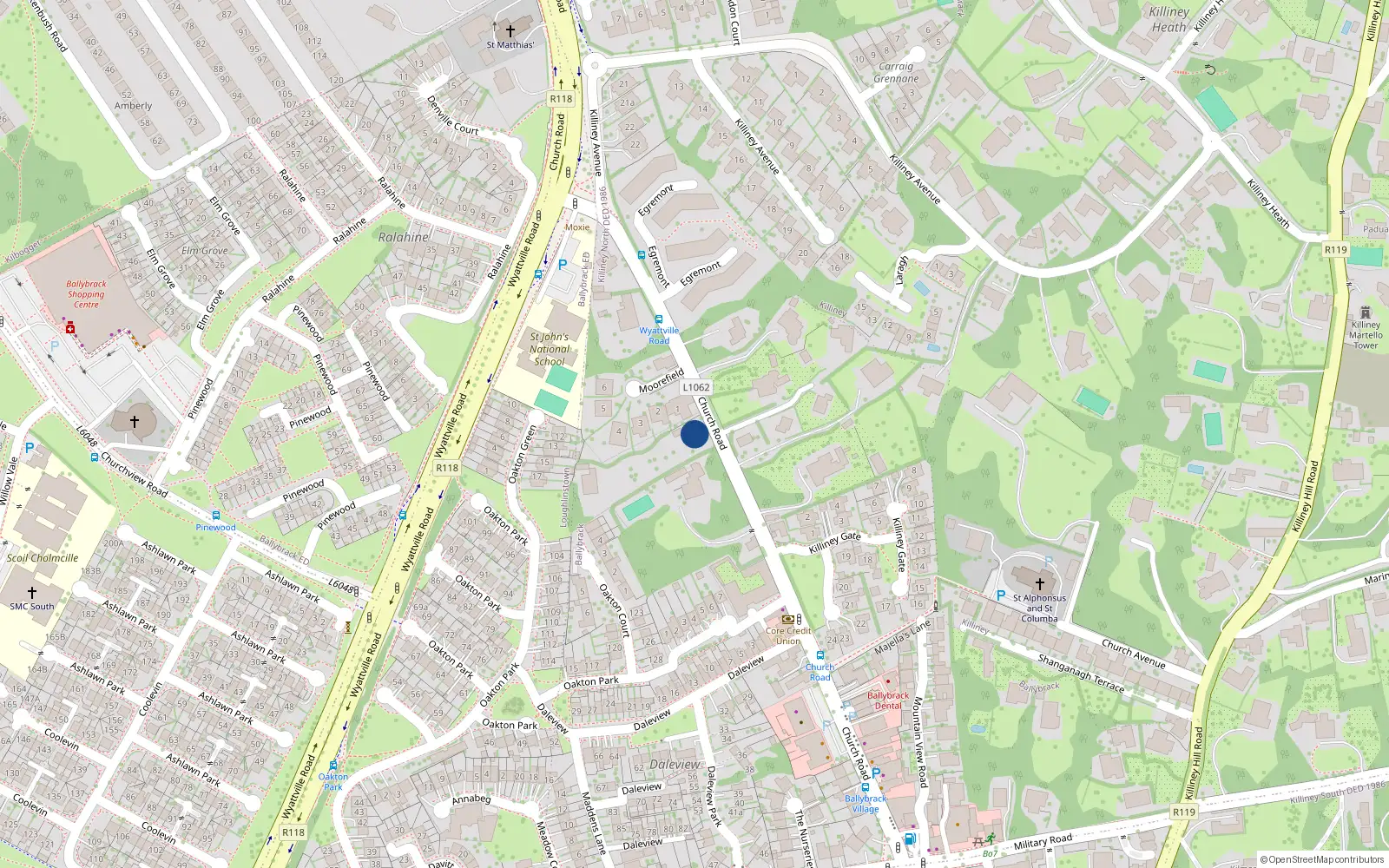 Overhead map showing the location of Church Road, Killiney