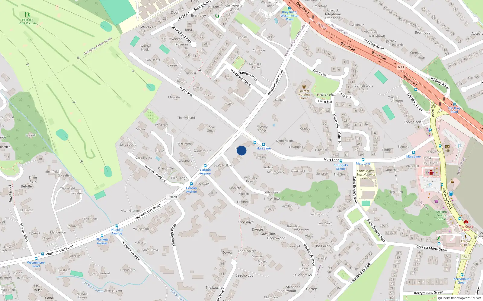 Overhead map showing the location of Westminster Road, Dublin 18