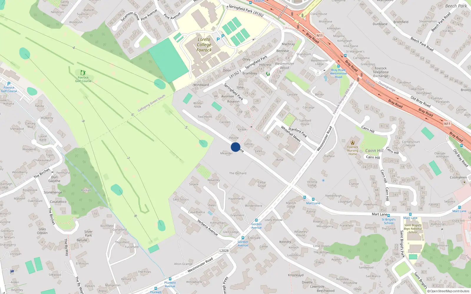Overhead map showing the location of 3 Golf Lane, Foxrock