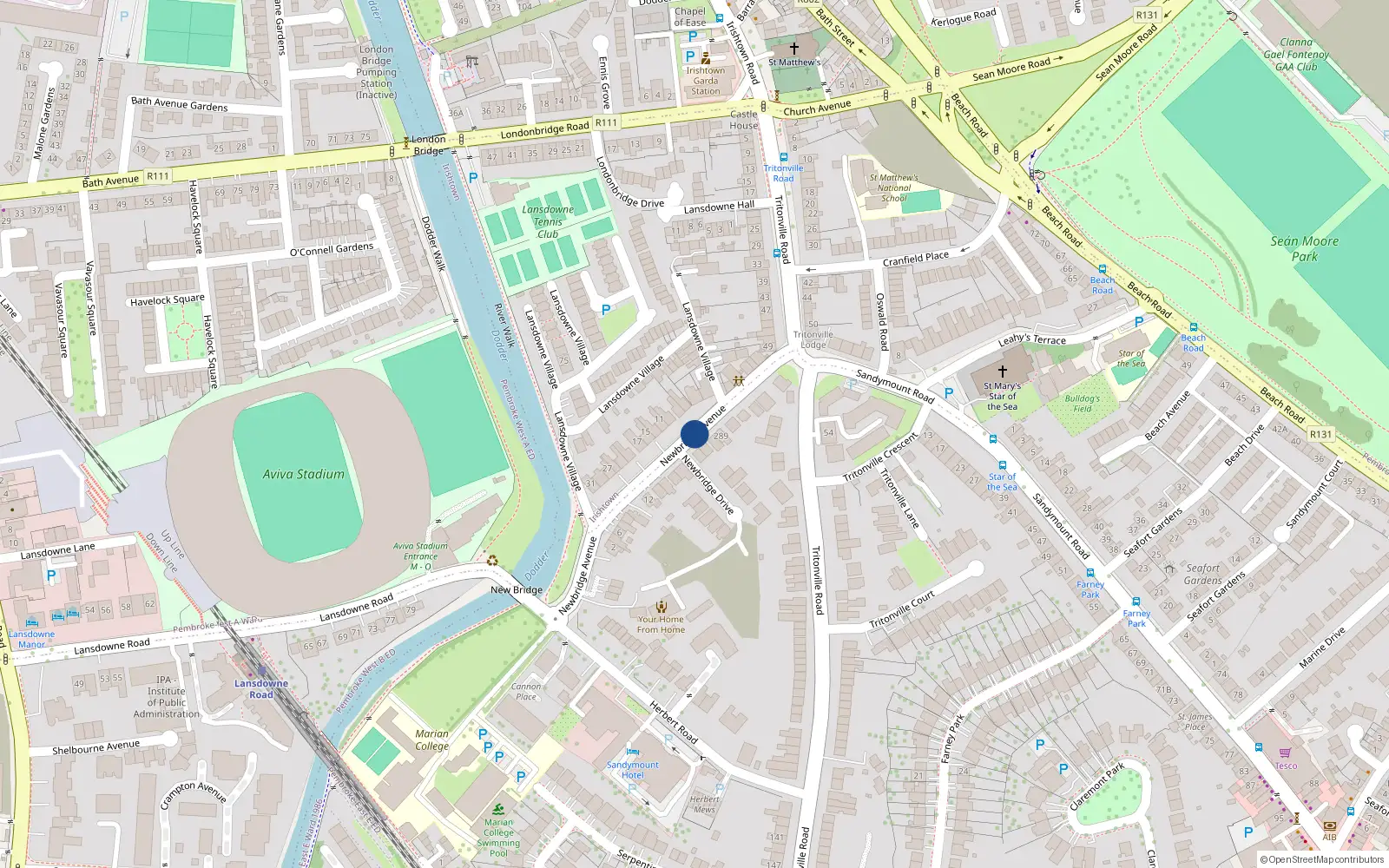 Overhead map showing the location of 25 Newbridge Avenue, Sandymount