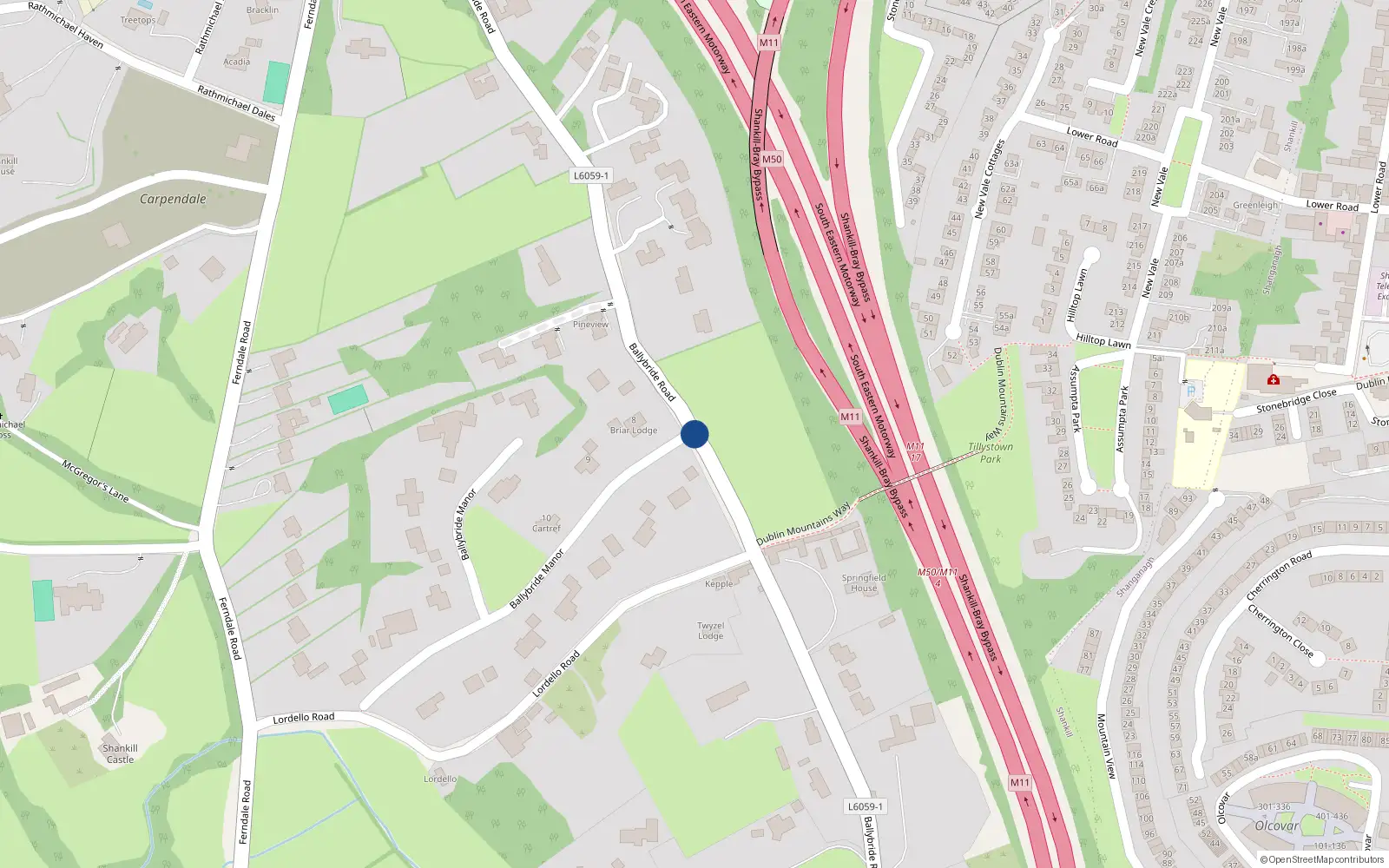 Overhead map showing the location of Ballybride Road, Shankill