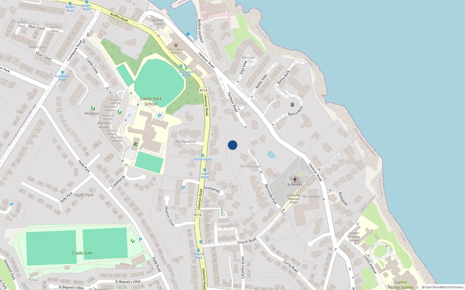 Overhead map showing the location of Bullock, Dublin, Co. Dublin