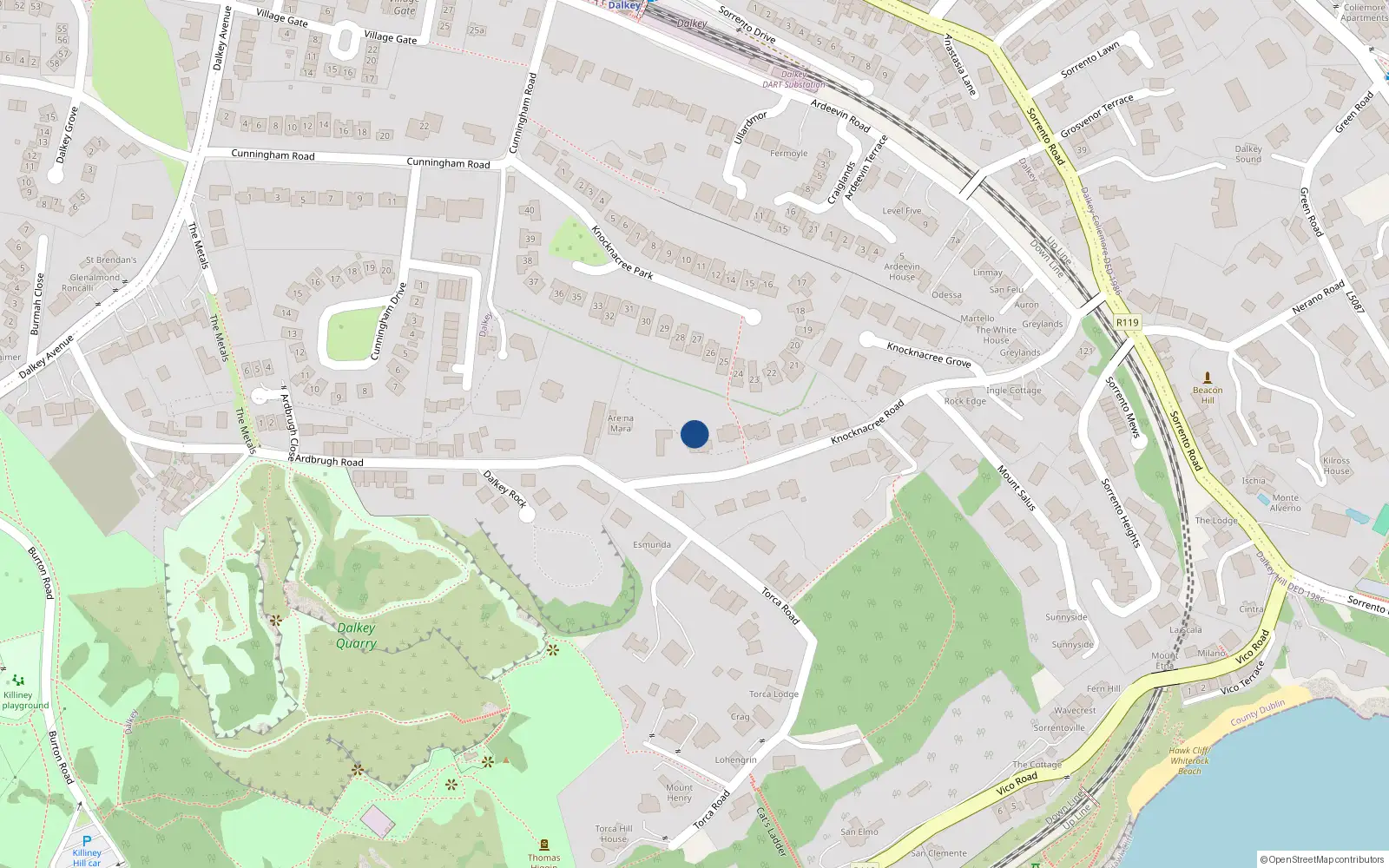 Overhead map showing the location of 4 Knock-Na-Cree Road, Dalkey