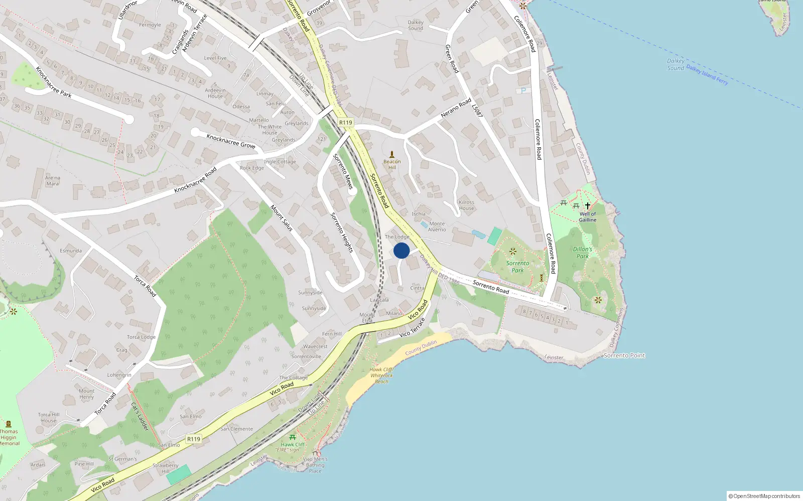 Overhead map showing the location of Sorrento Road, Dalkey