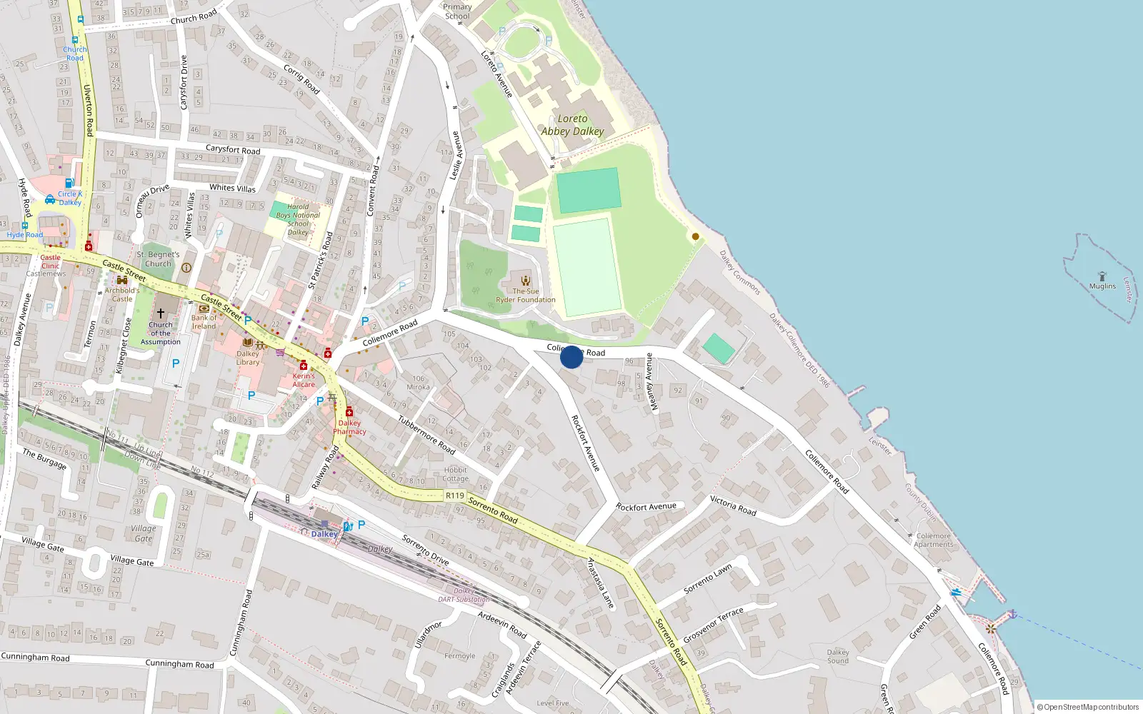 Overhead map showing the location of Marina Villa, 100 Coliemore Road, Dalkey