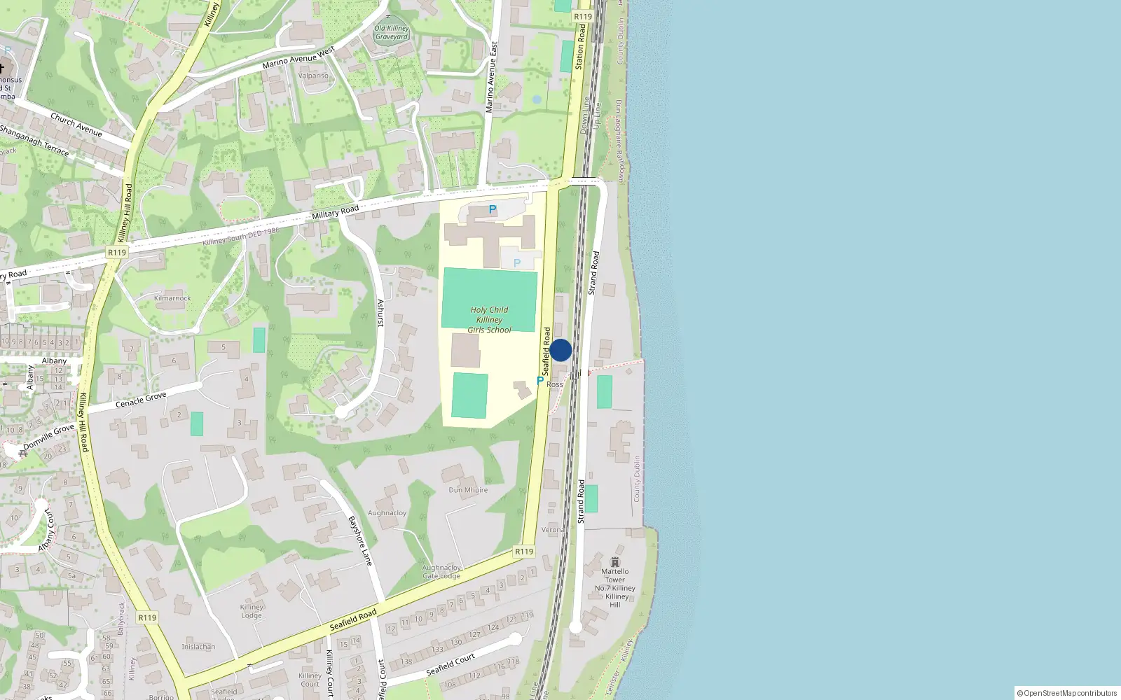 Overhead map showing the location of Seafield Road, Killiney
