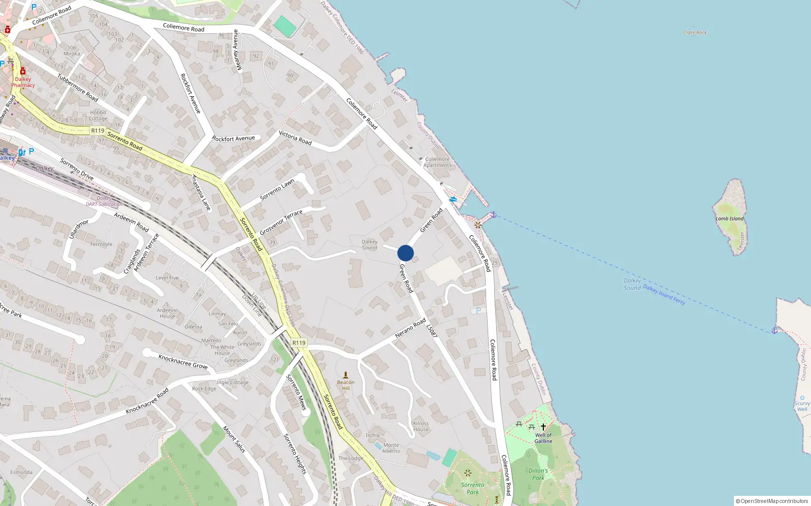 Overhead map showing the location of Green Road, Dalkey