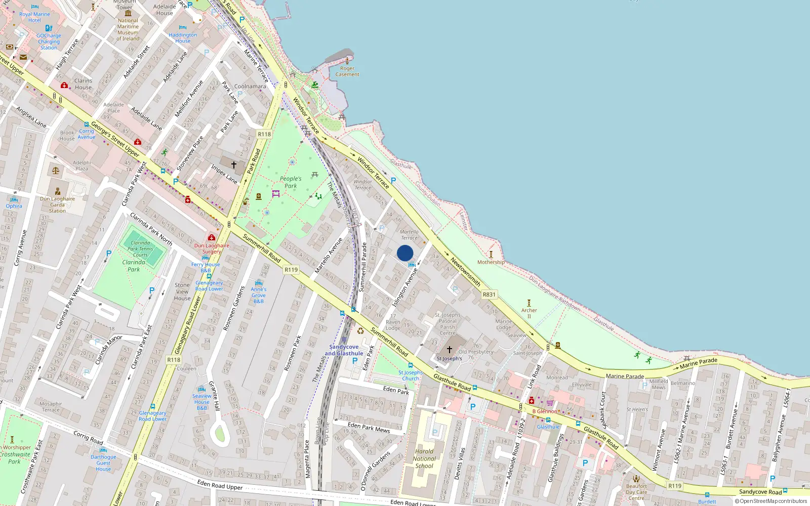 Overhead map showing the location of Islington Avenue, Sandycove
