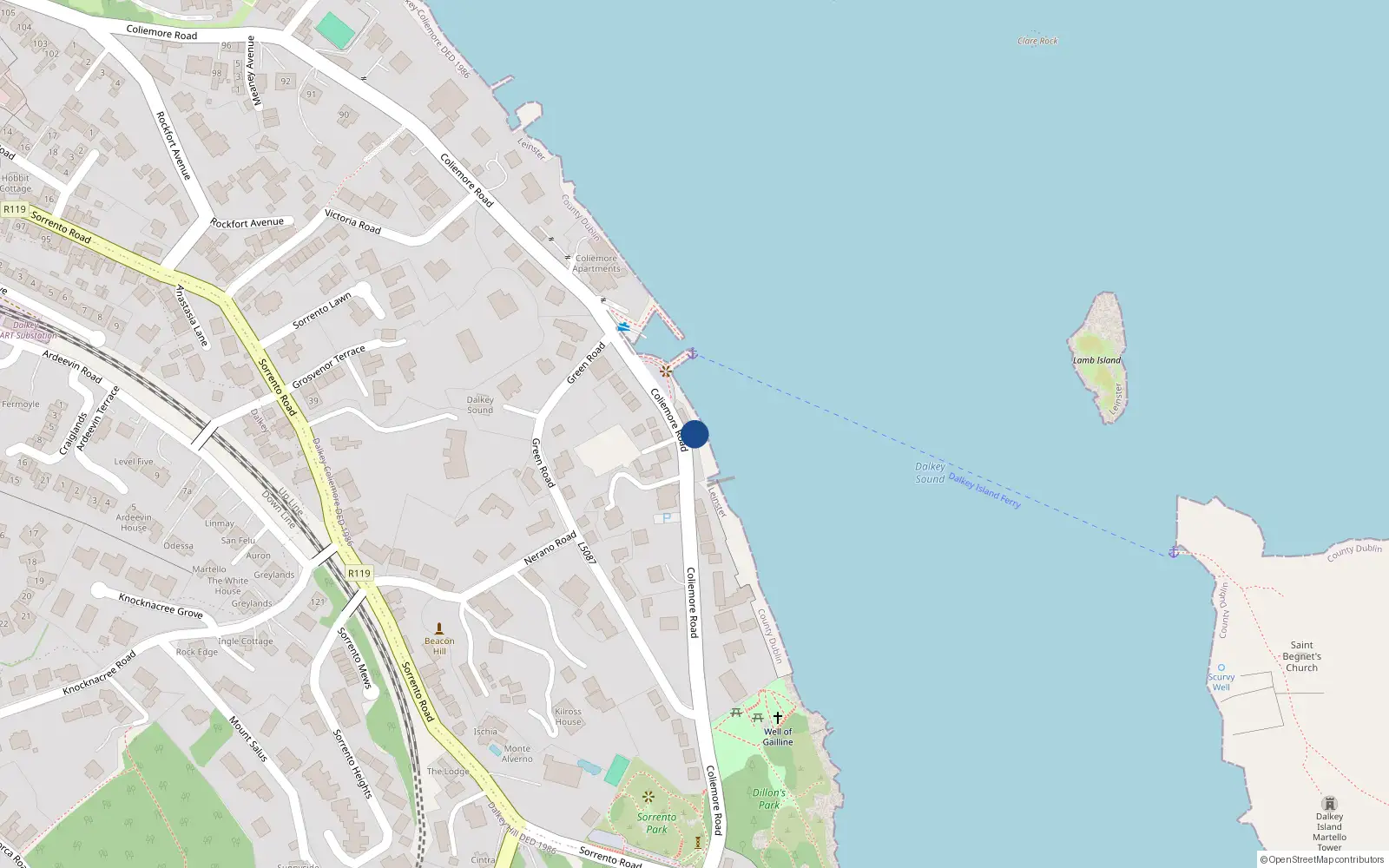 Overhead map showing the location of 29 Coliemore Road, Dalkey