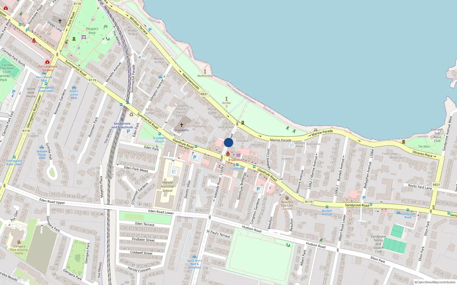 Overhead map showing the location of Link Road, Sandycove