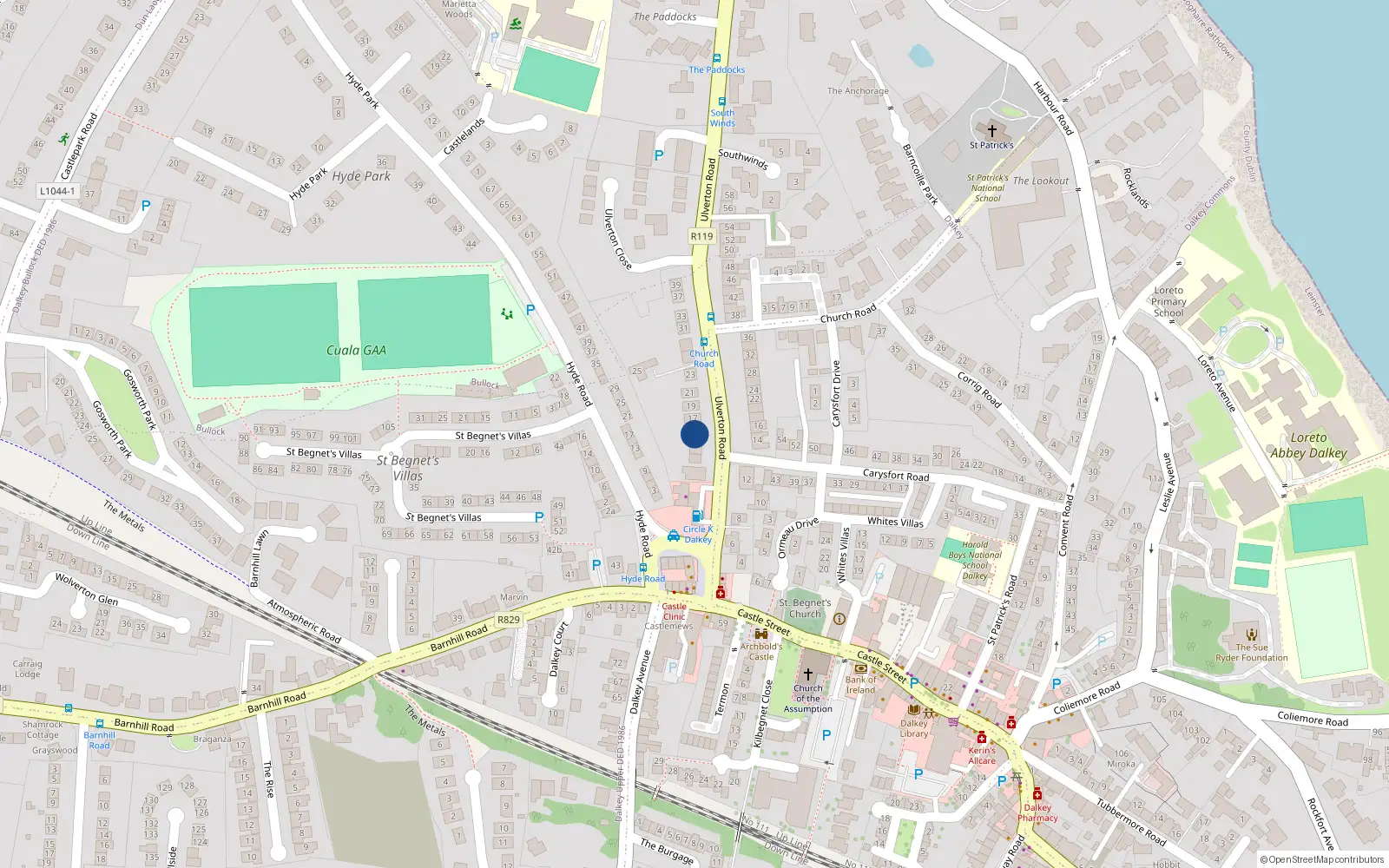 Overhead map showing the location of 15 Ulverton Road, Dalkey