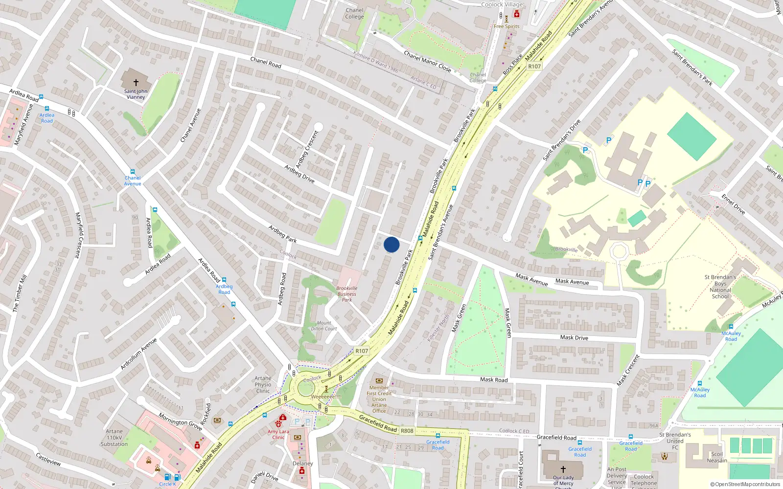 Overhead map showing the location of Brookville Park, Dublin 5