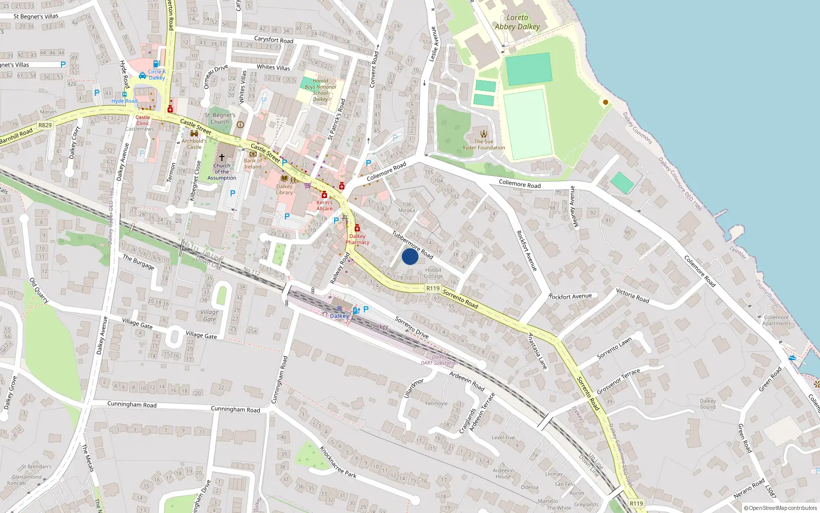 Overhead map showing the location of Tubbermore Road, Dalkey