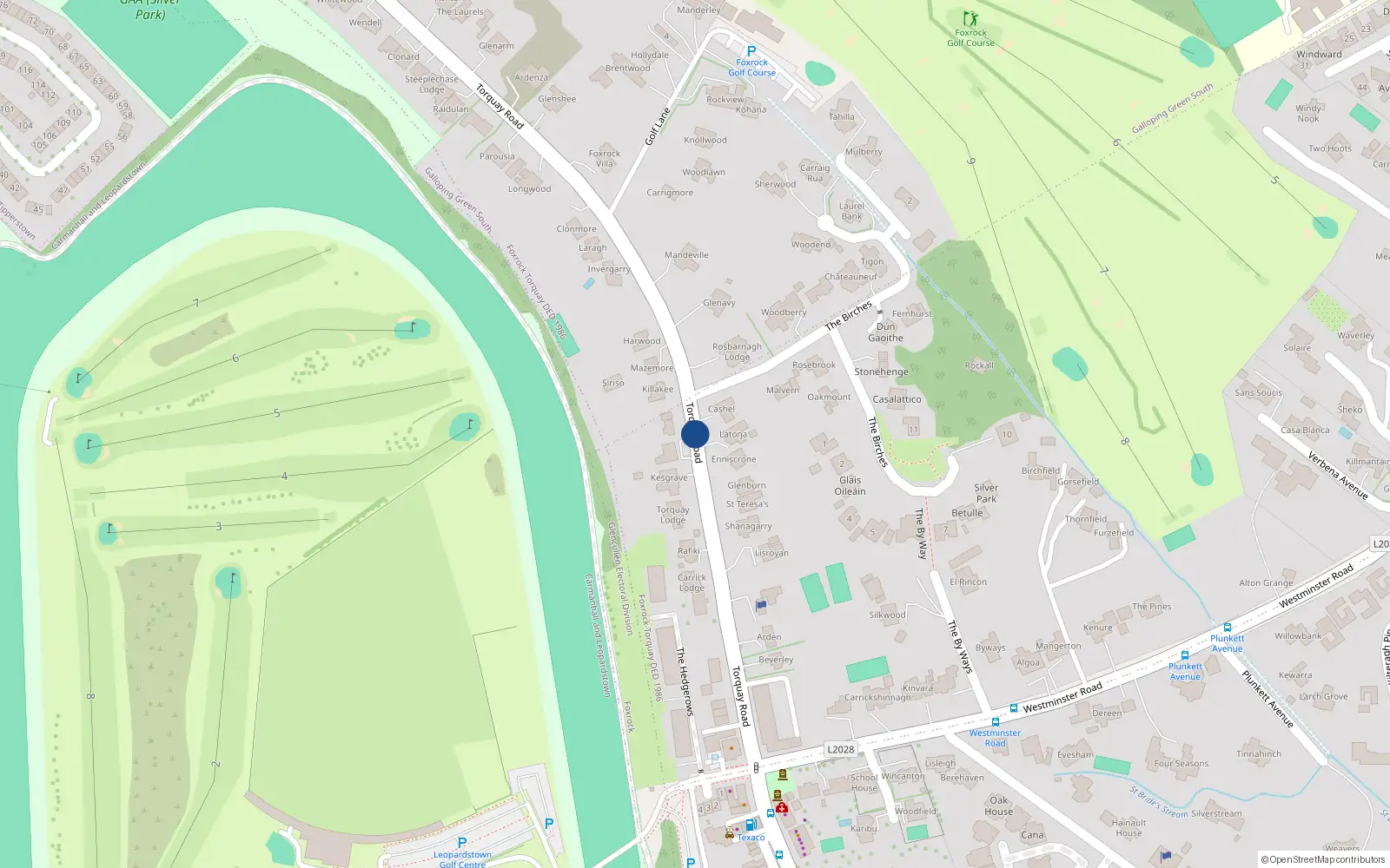 Overhead map showing the location of Torquay Road, Foxrock