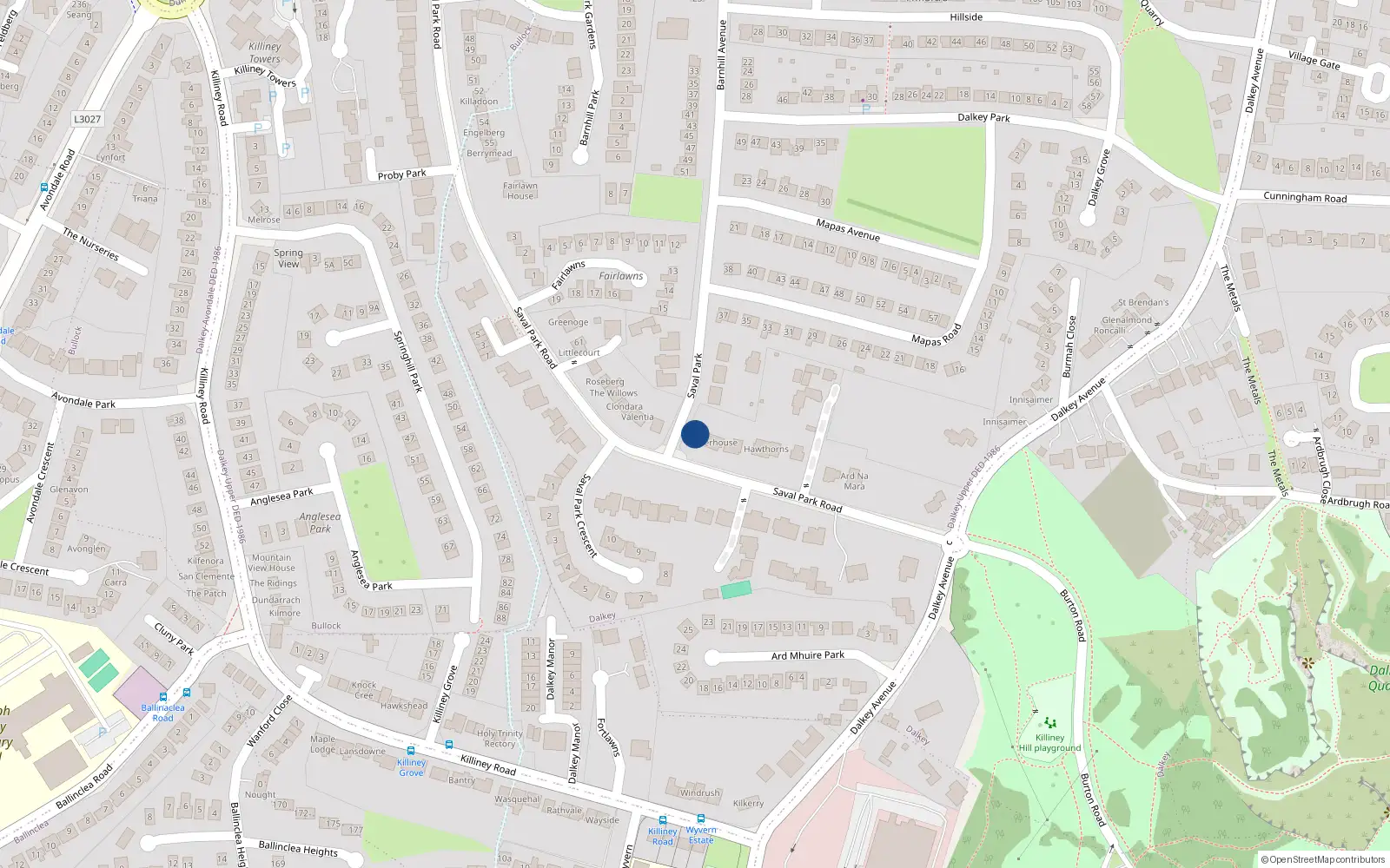Overhead map showing the location of Saval Park Road, Dalkey