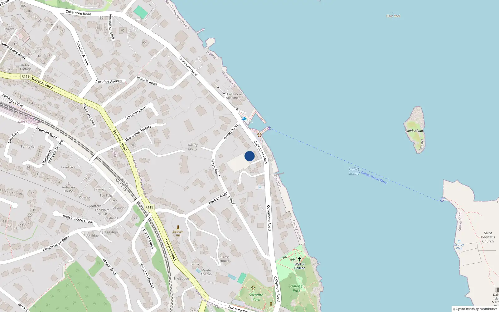 Overhead map showing the location of 69 Coliemore Road, Dalkey