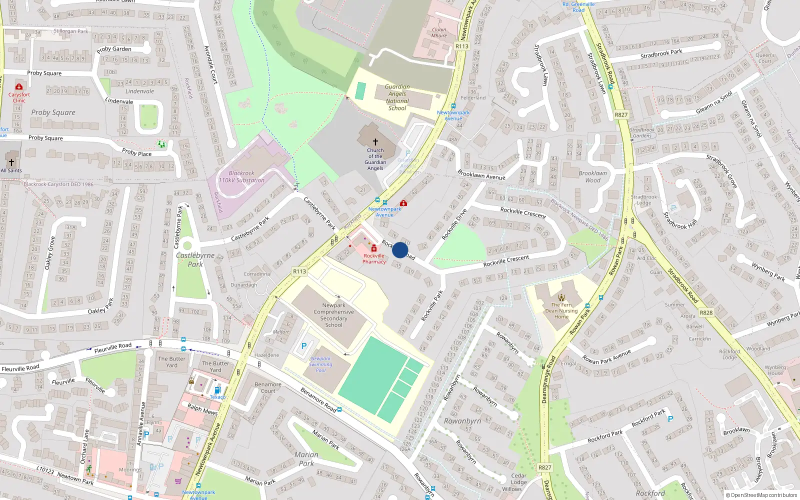 Overhead map showing the location of Rockville Road, Blackrock