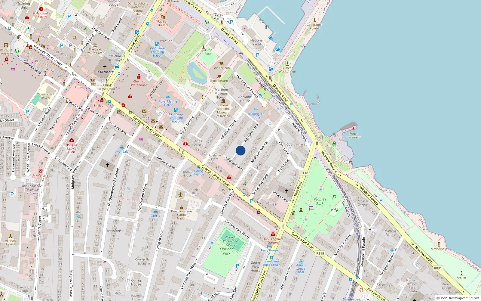 Overhead map showing the location of Adelaide Lane, Dun Laoghaire