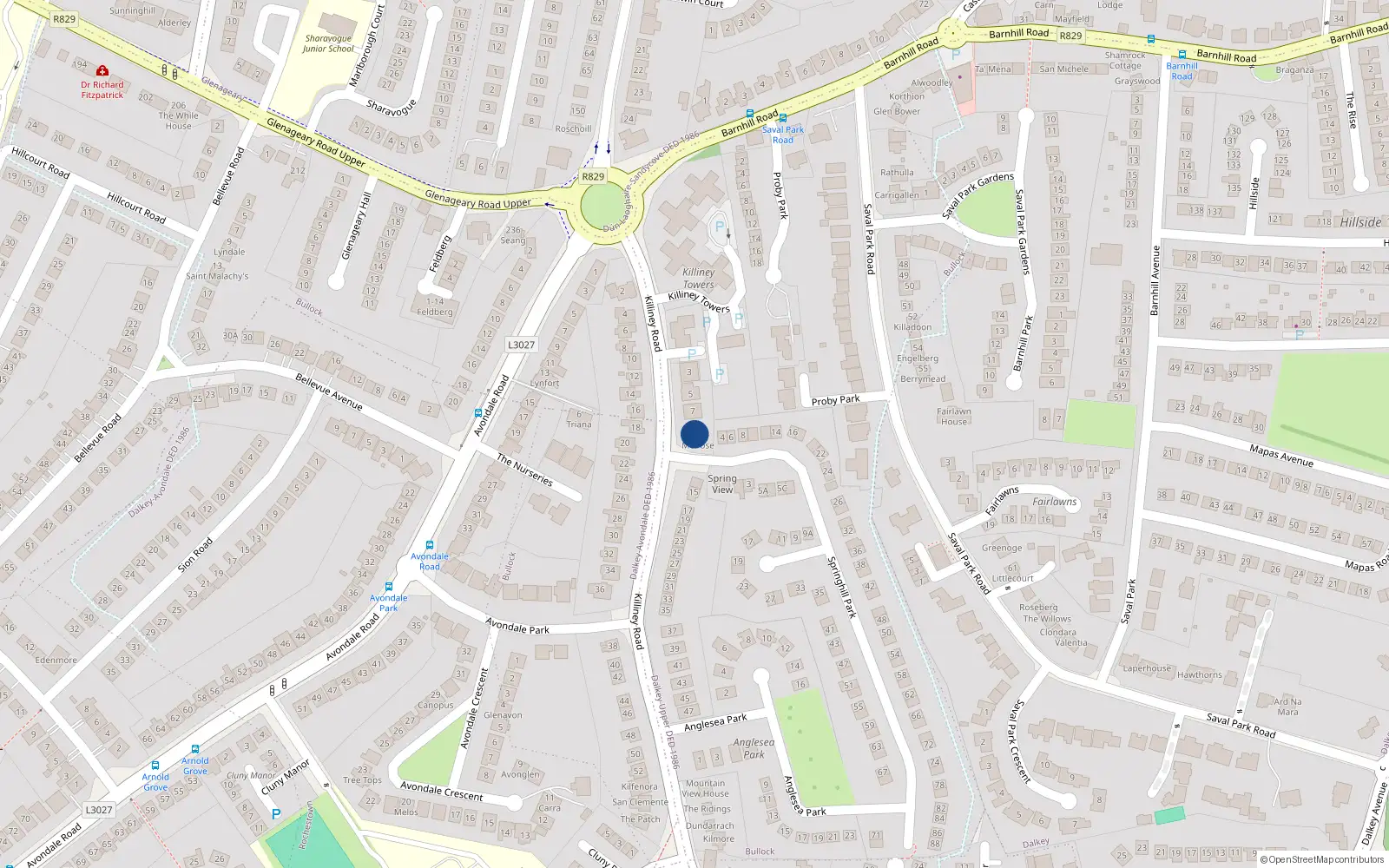 Overhead map showing the location of 13 Killiney Road, Dalkey