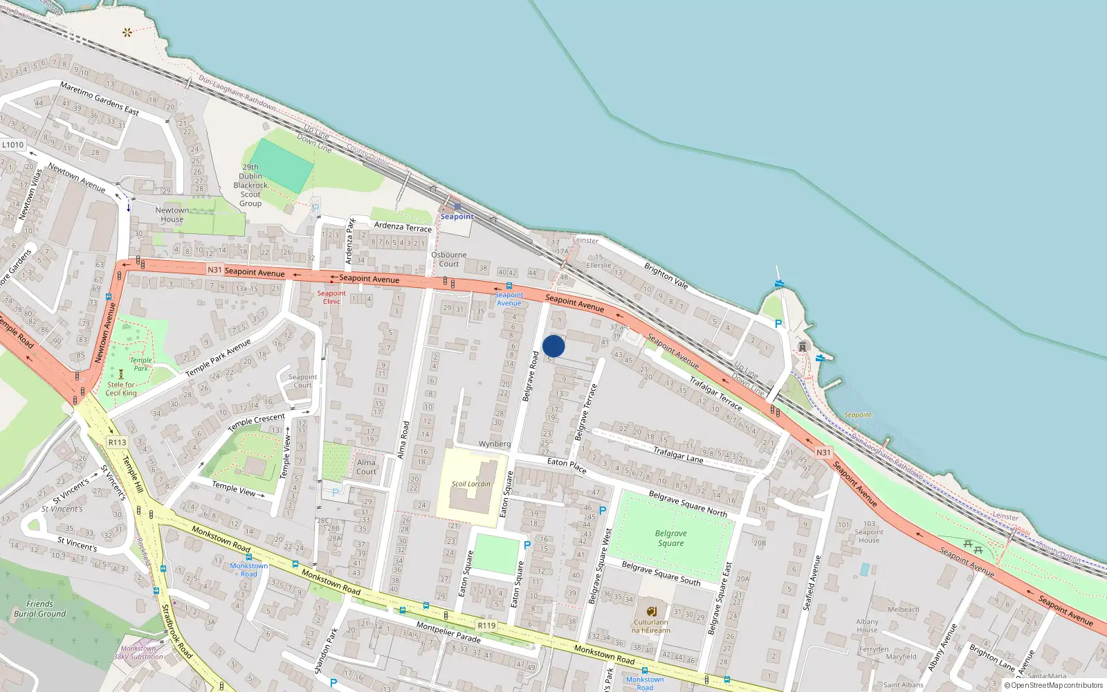 Overhead map showing the location of Belgrave Road, Monkstown