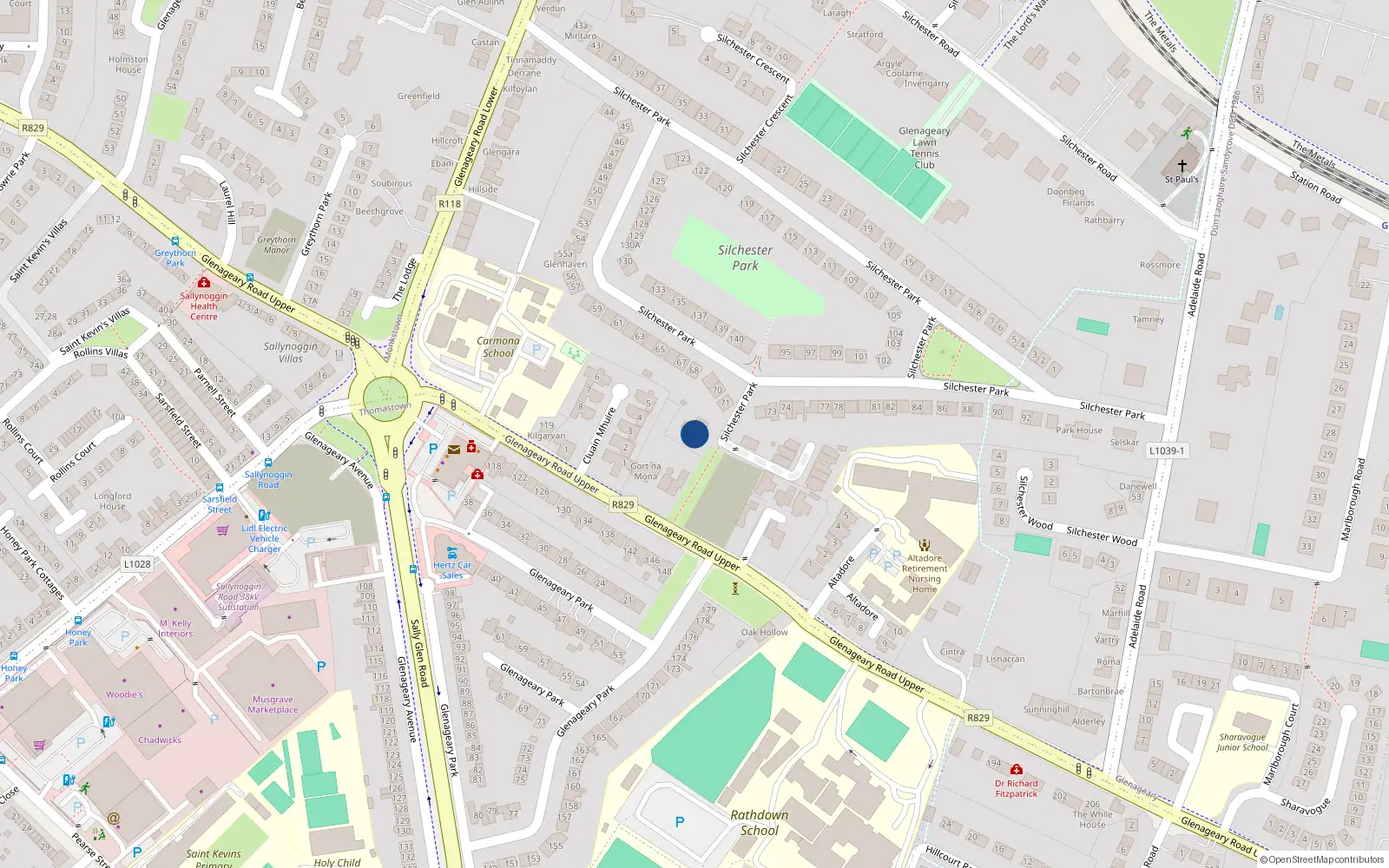 Overhead map showing the location of Silchester Park, Glenageary
