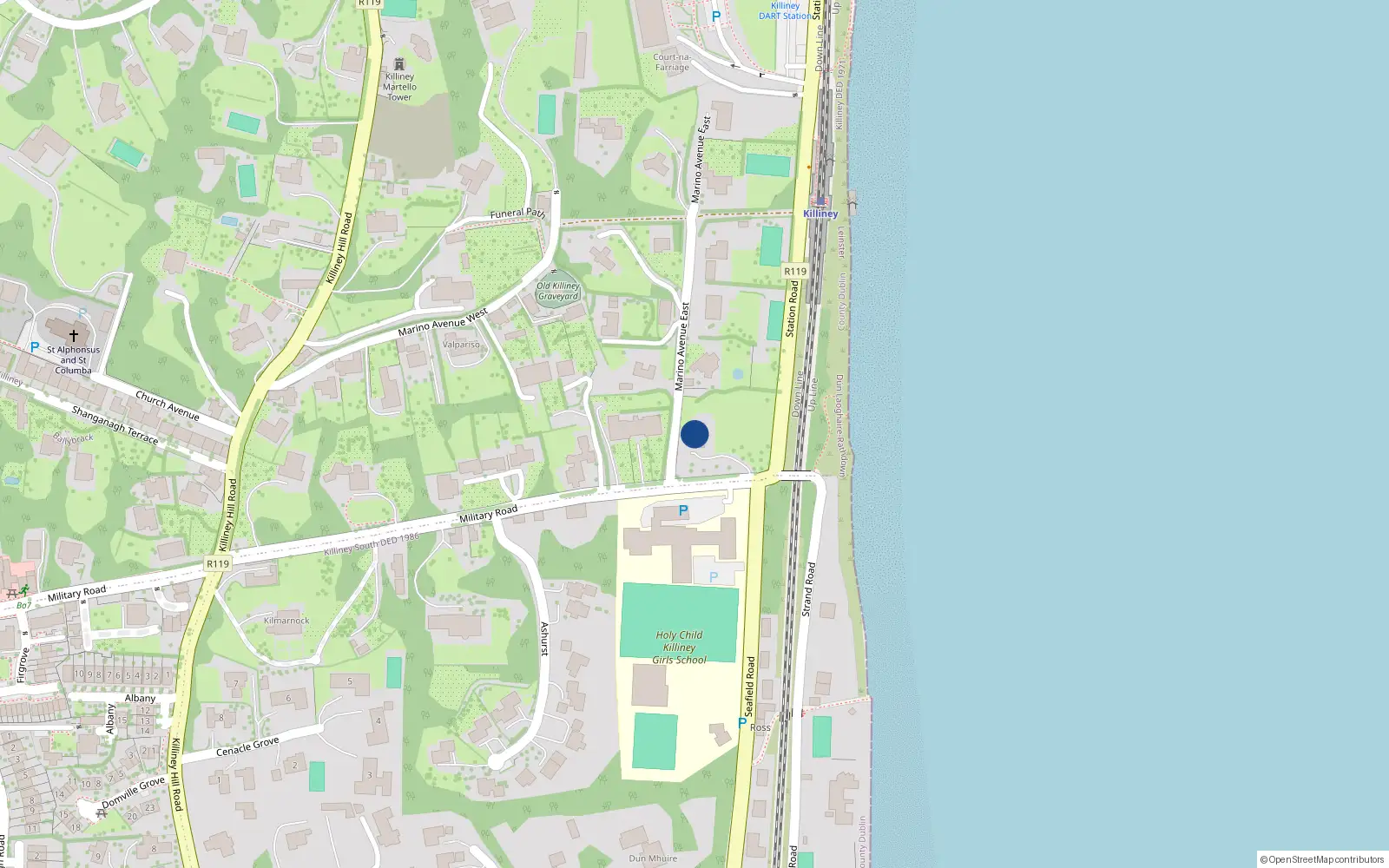 Overhead map showing the location of Military Road, Killiney