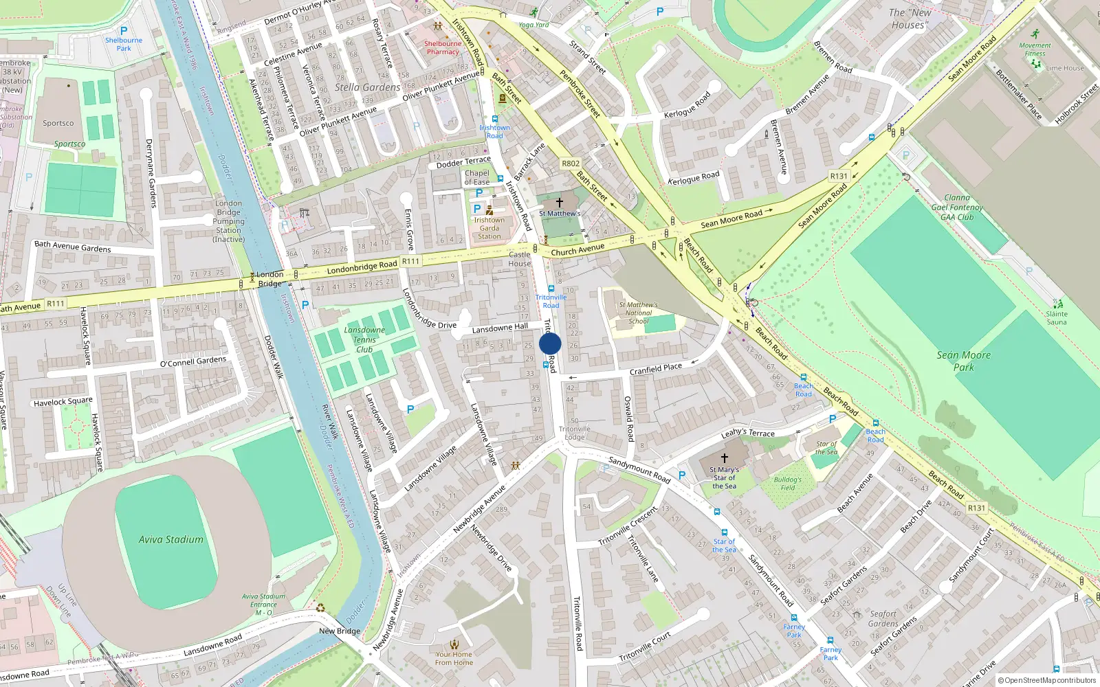 Overhead map showing the location of 110 Tritonville Road, Sandymount