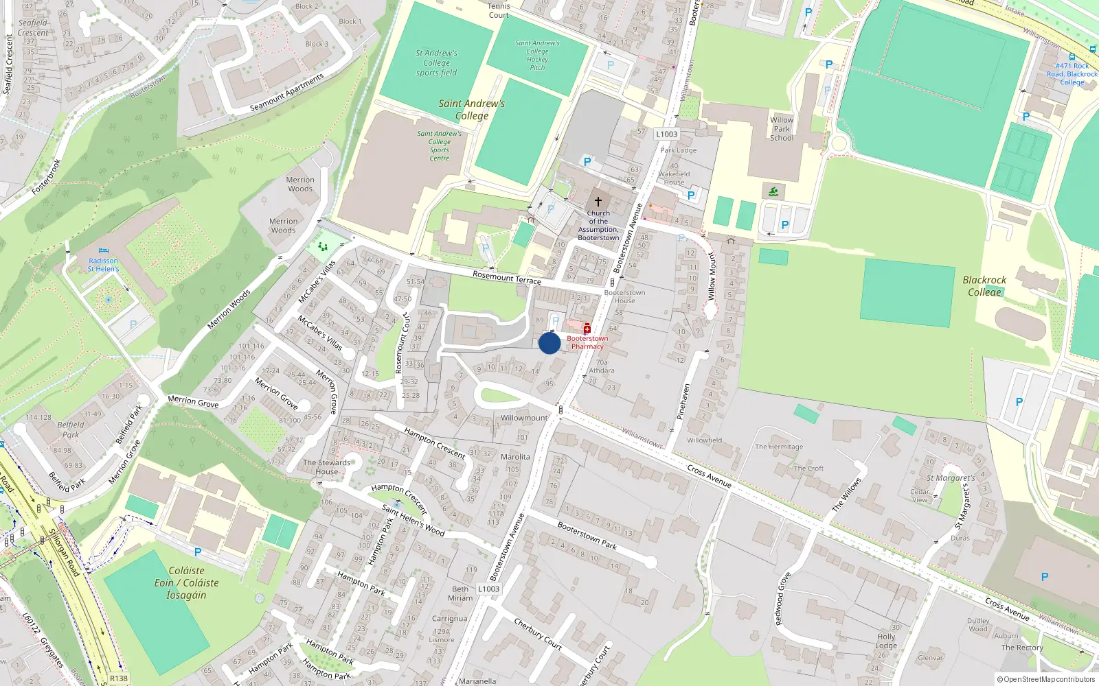 Overhead map showing the location of Mews 1, 93 Booterstown Avenue, Blackrock