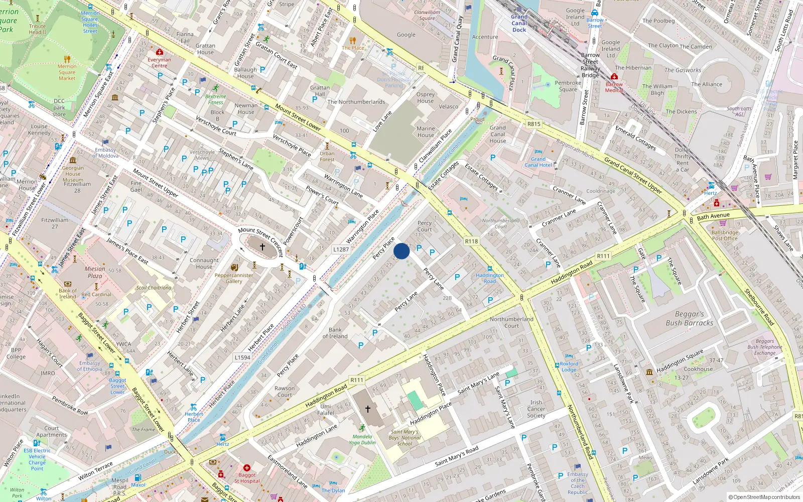 Overhead map showing the location of 19 Percy Place, Dublin 4