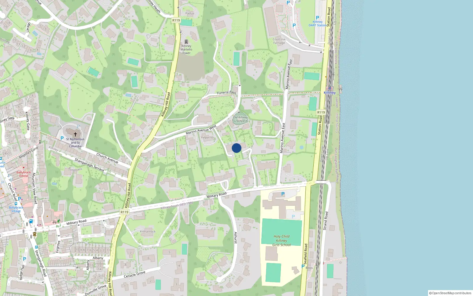 Overhead map showing the location of Military Road, Killiney