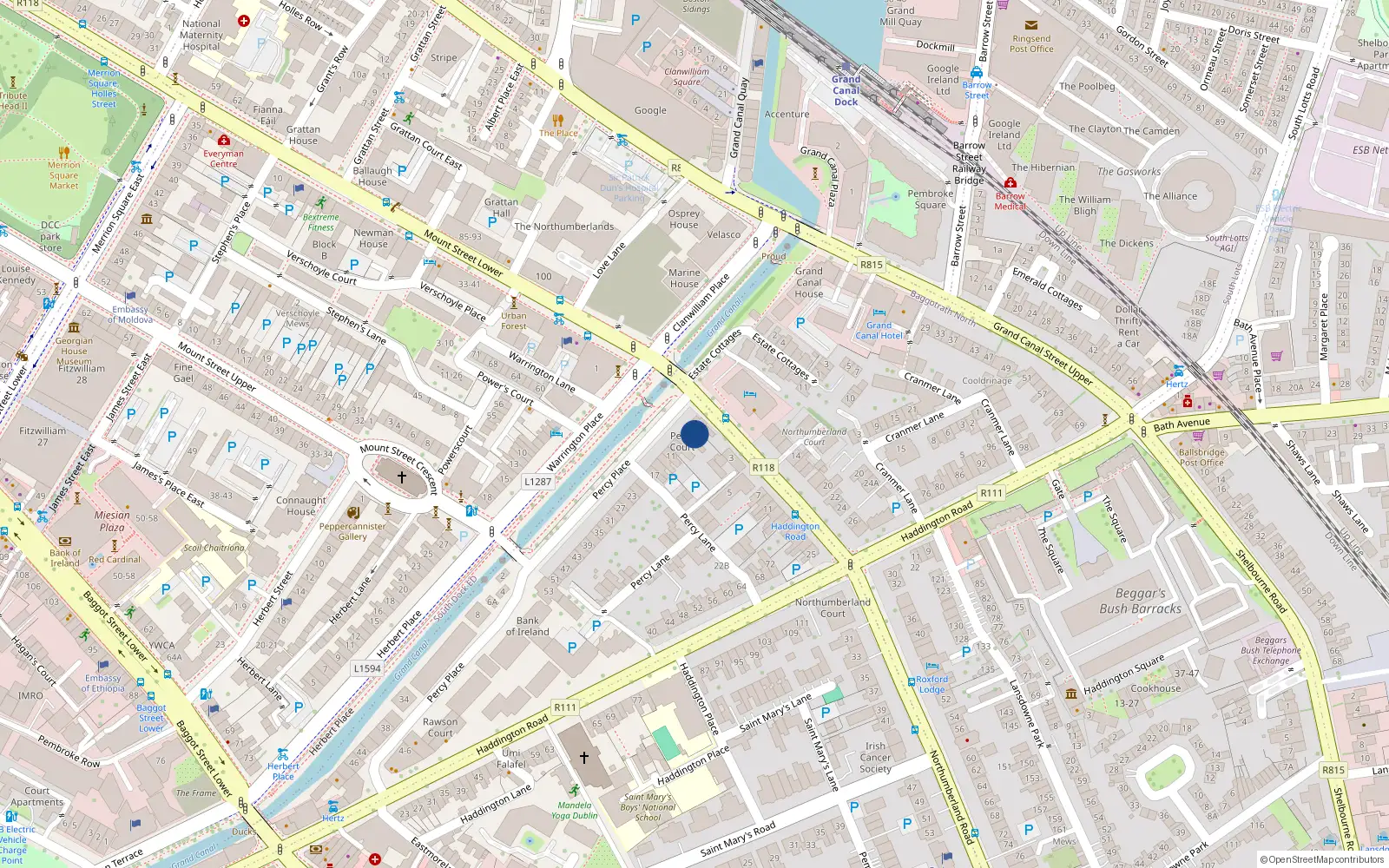 Overhead map showing the location of 3 Percy Place, Ballsbridge Dublin 4