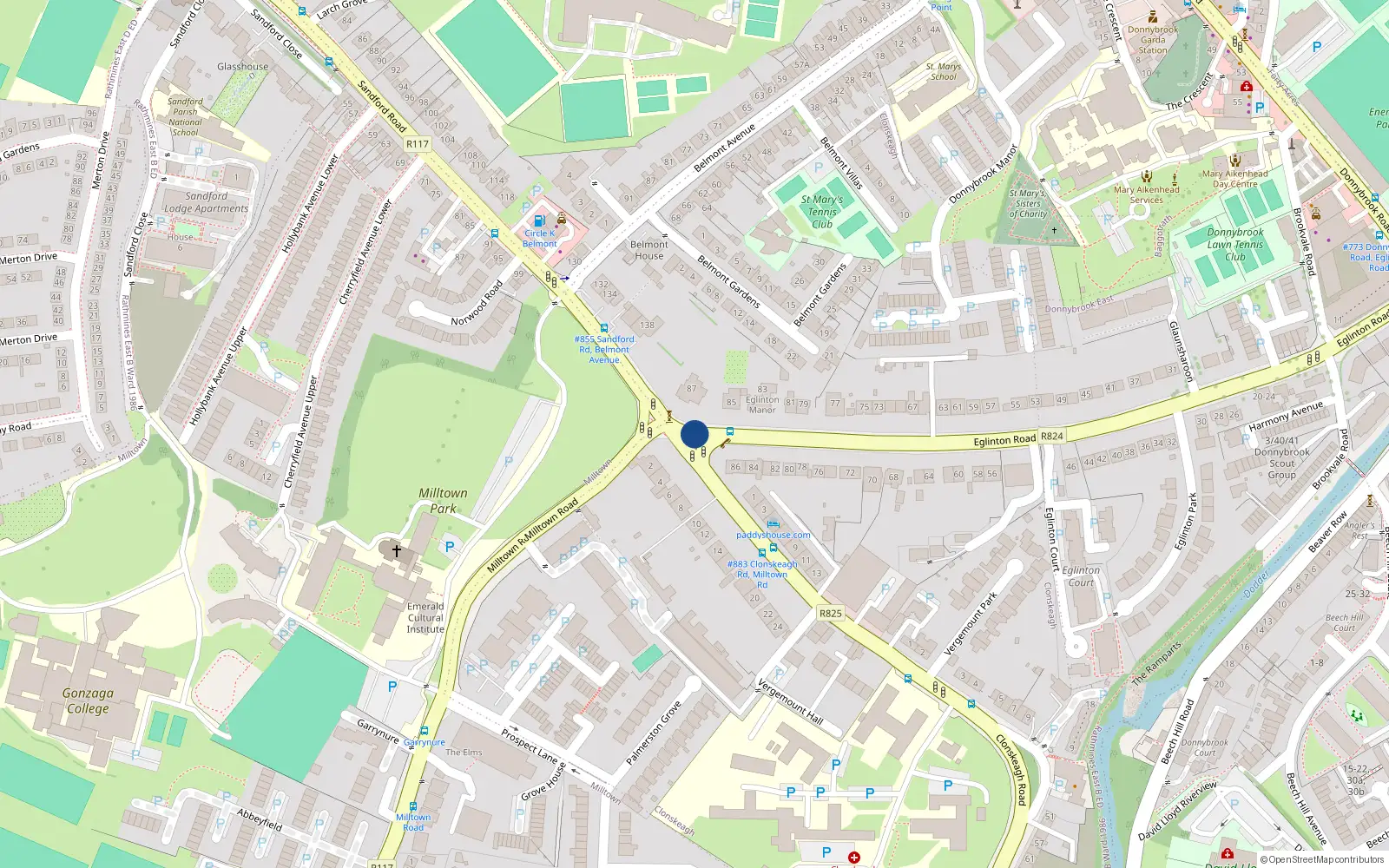 Overhead map showing the location of 27 Eglinton Road, Donnybrook