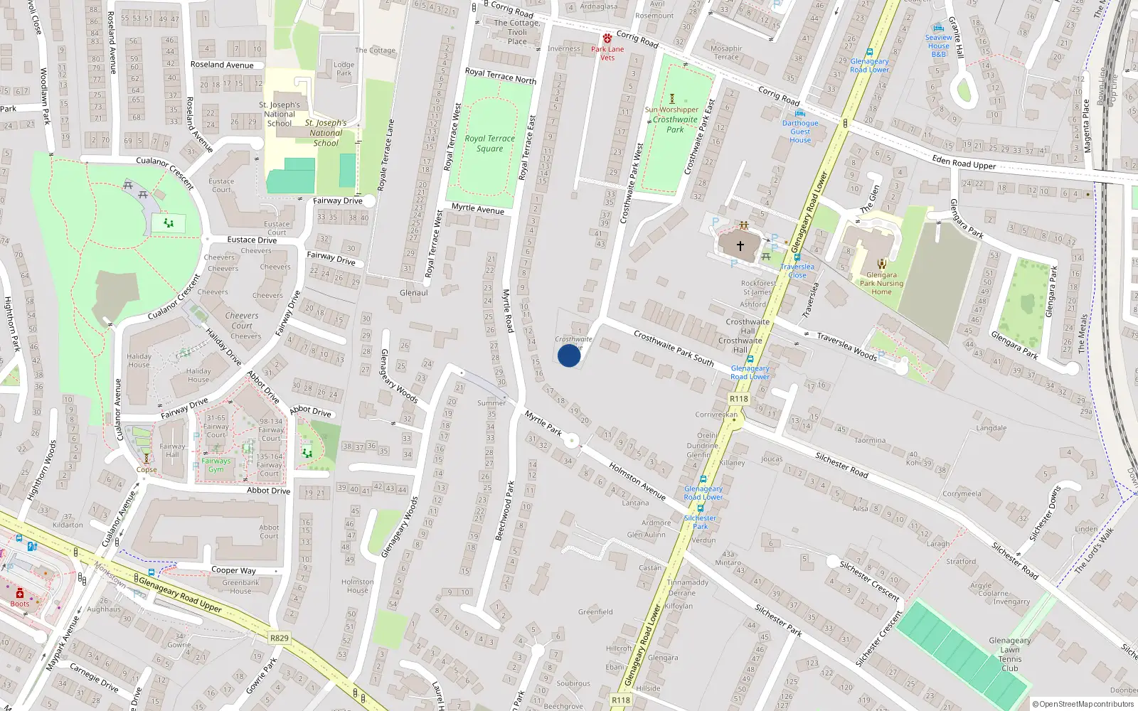 Overhead map showing the location of Millington, 3 Crosthwaite Grove, Dun Laoghaire