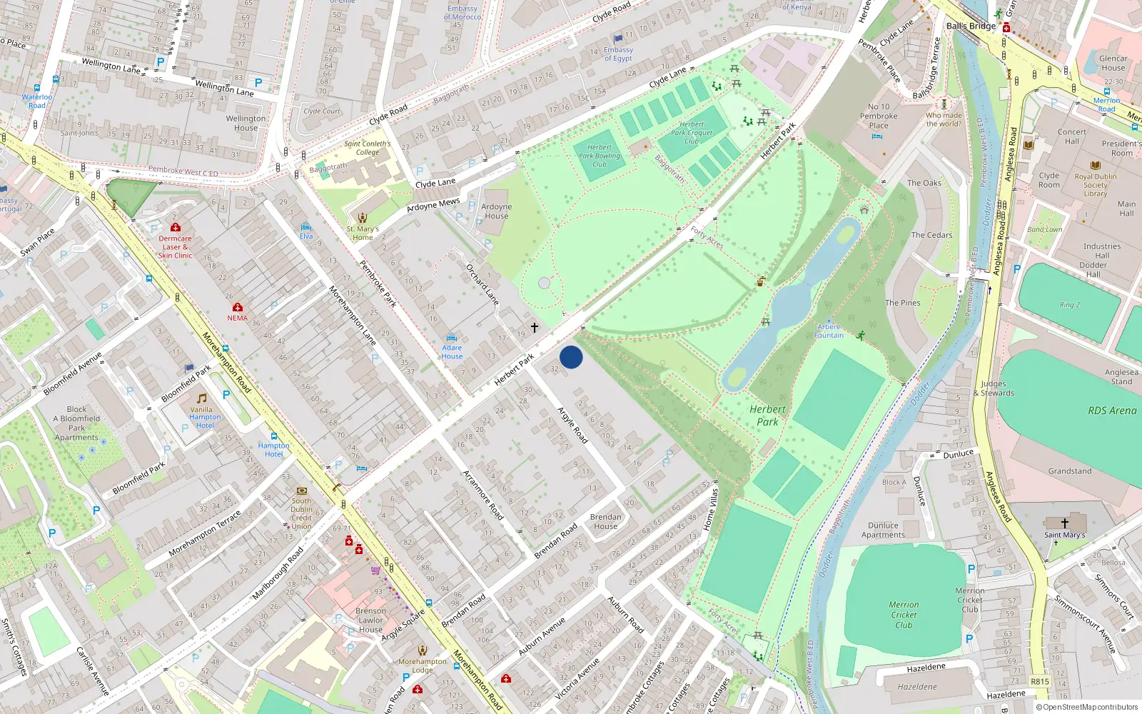 Overhead map showing the location of 34 Herbert Park, Ballsbridge
