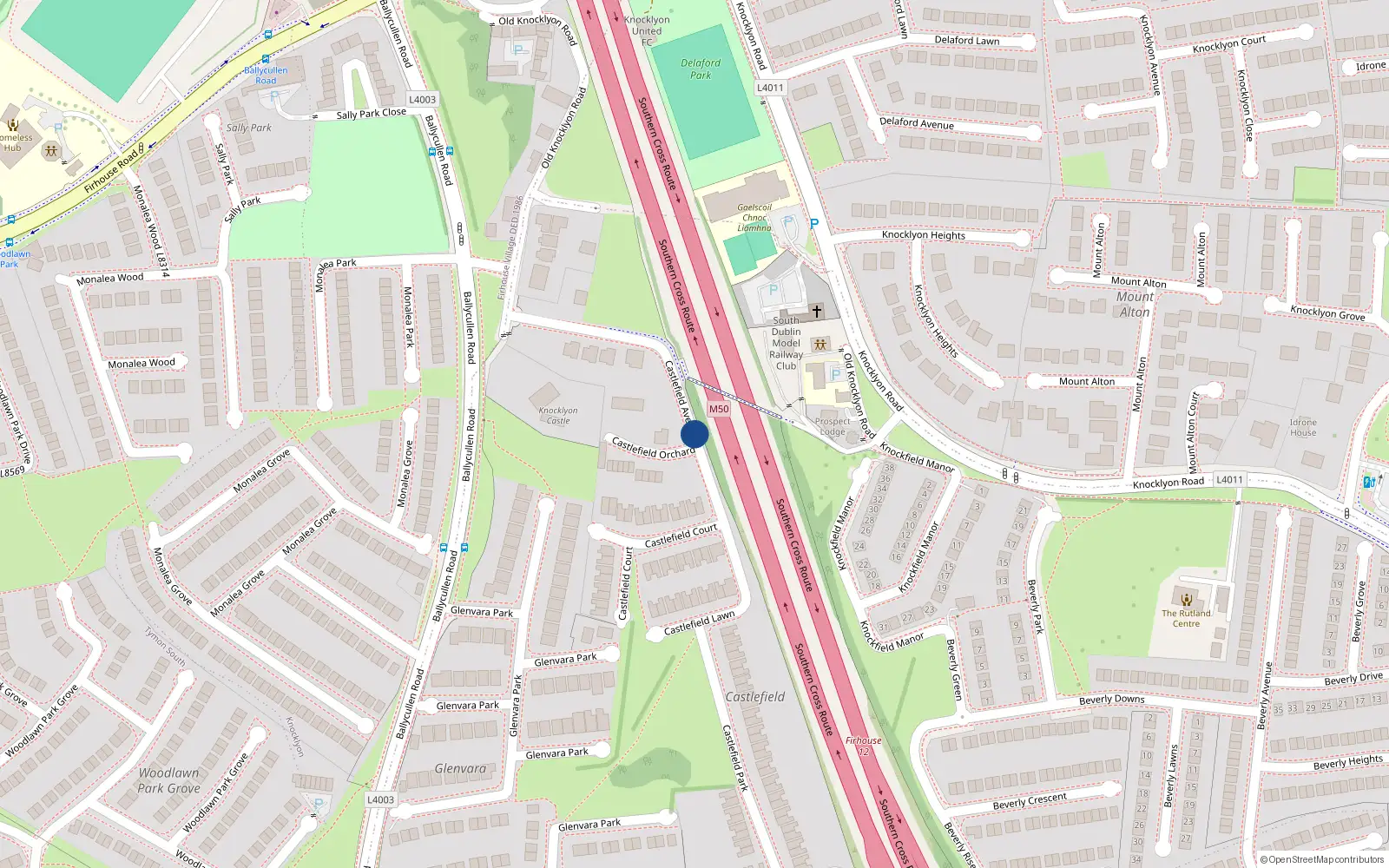 Overhead map showing the location of Castlefield Avenue, Knocklyon