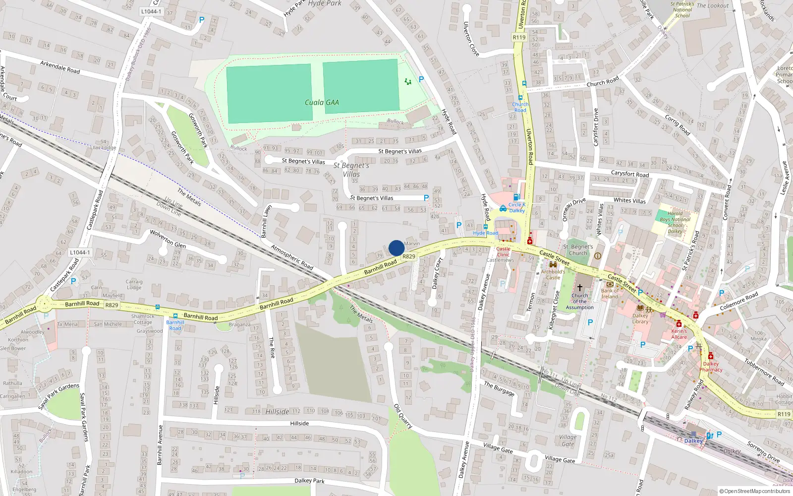 Overhead map showing the location of 39A Barnhill Road, Dalkey