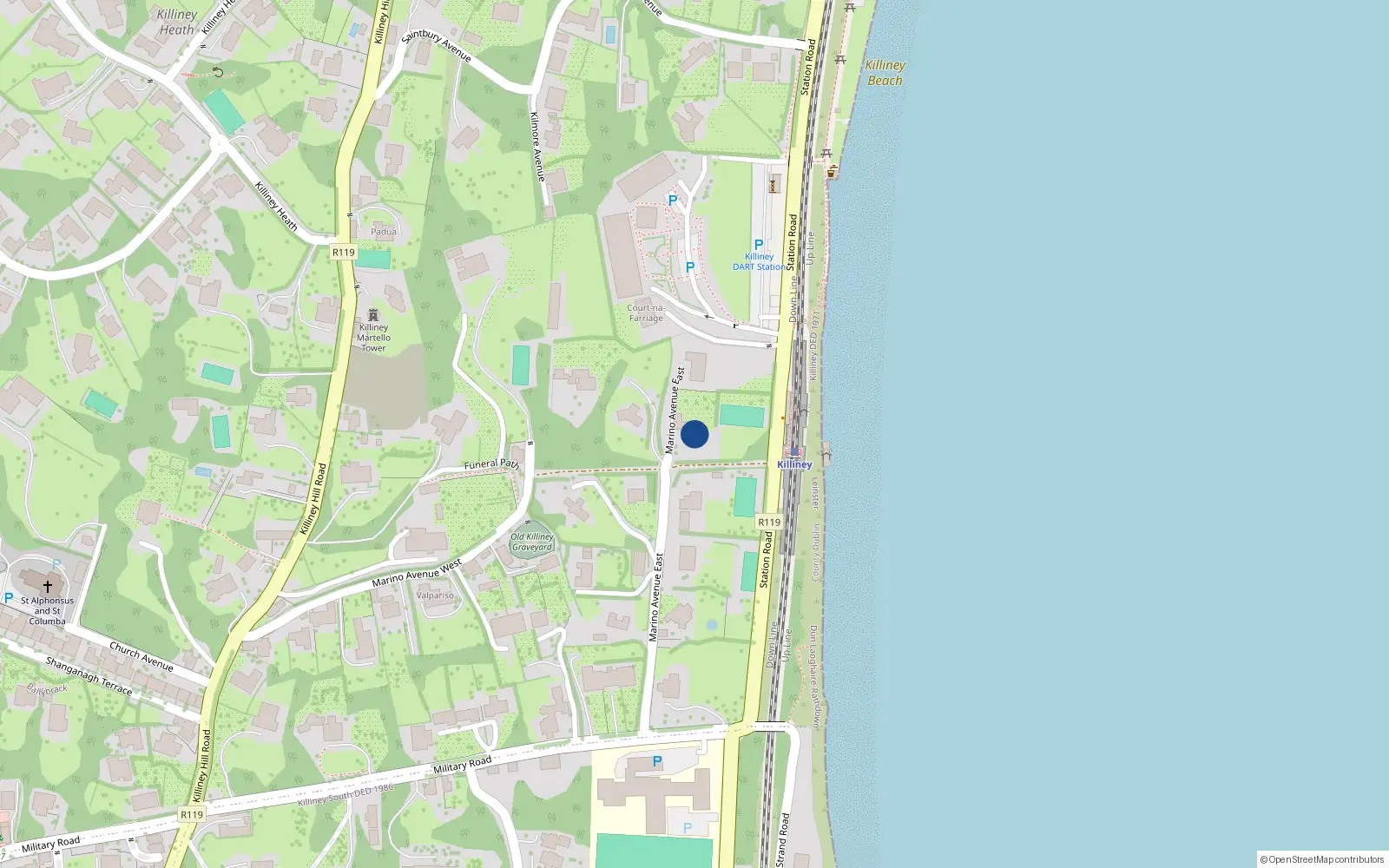 Overhead map showing the location of Marino Avenue East, Killiney