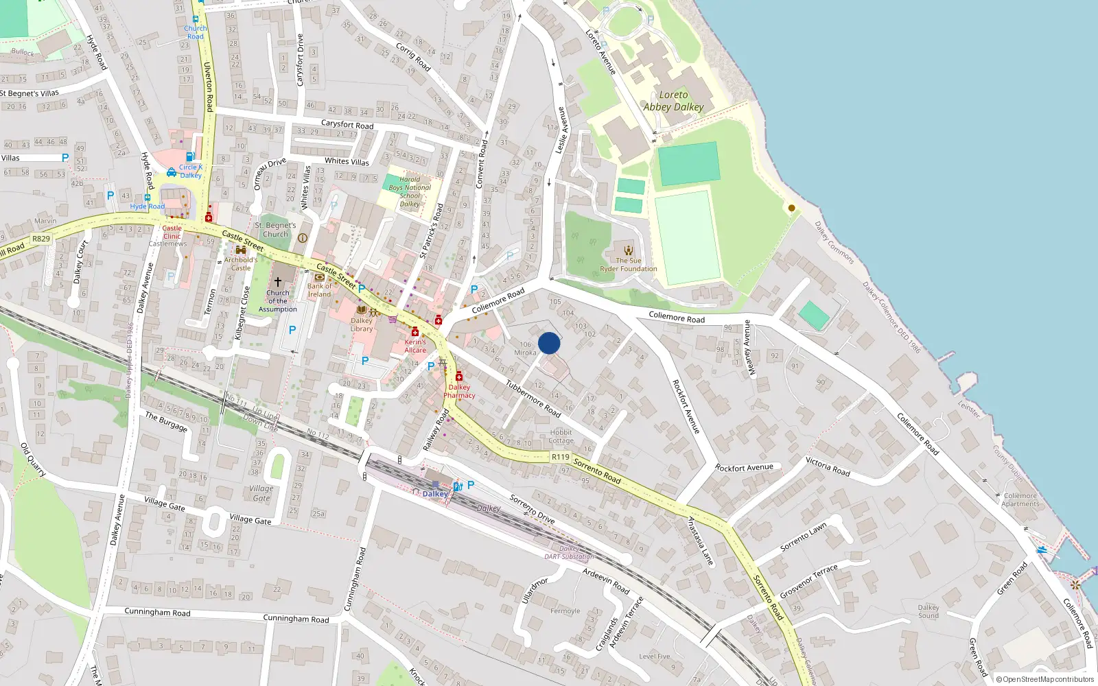 Overhead map showing the location of Miroka, 106 Coliemore Road, Dalkey