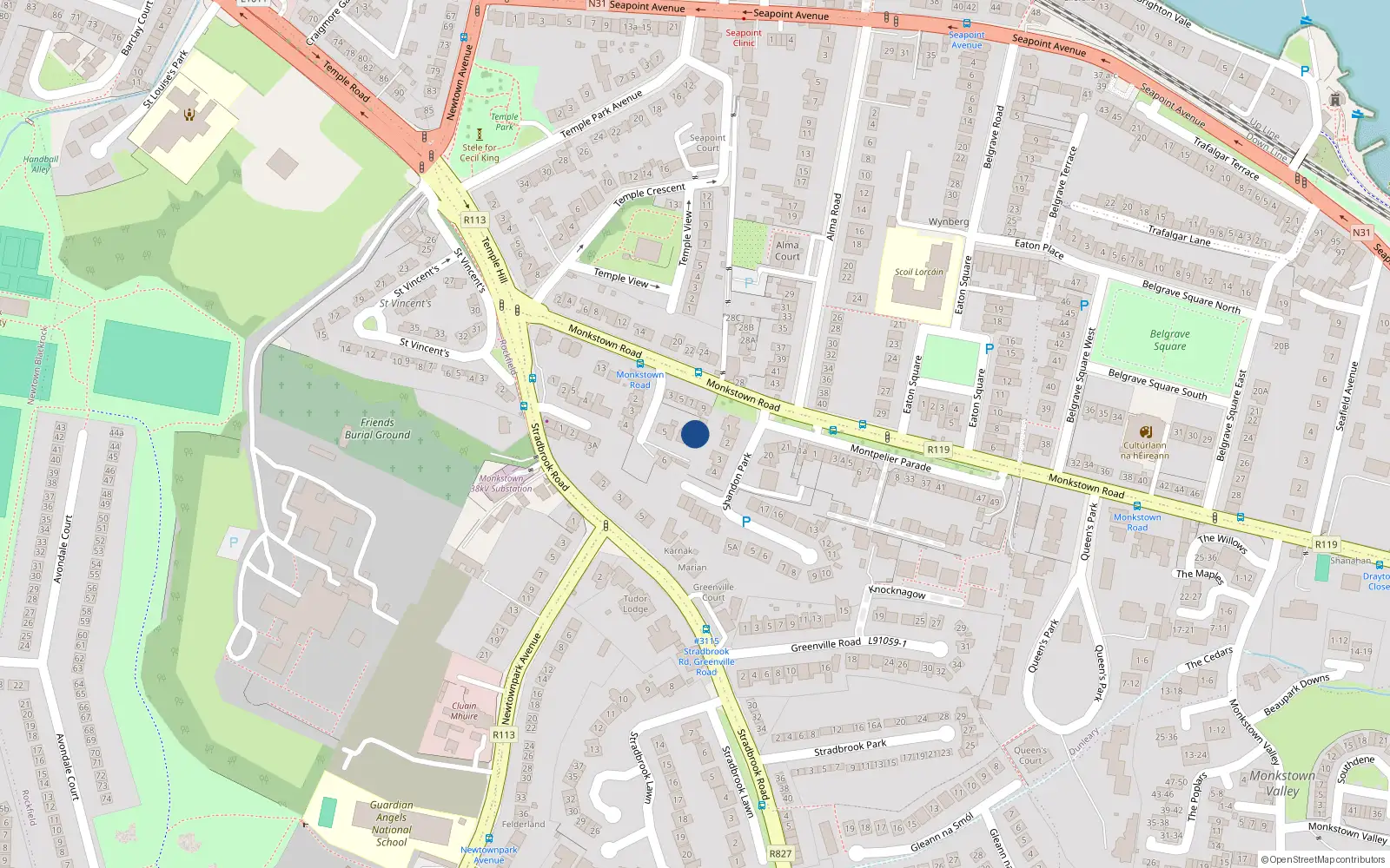 Overhead map showing the location of Mitchel Cottage, Montpellier Manor Estate, Monkstown