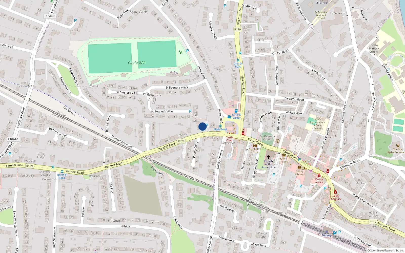 Overhead map showing the location of 41 Barnhill Road, Dalkey
