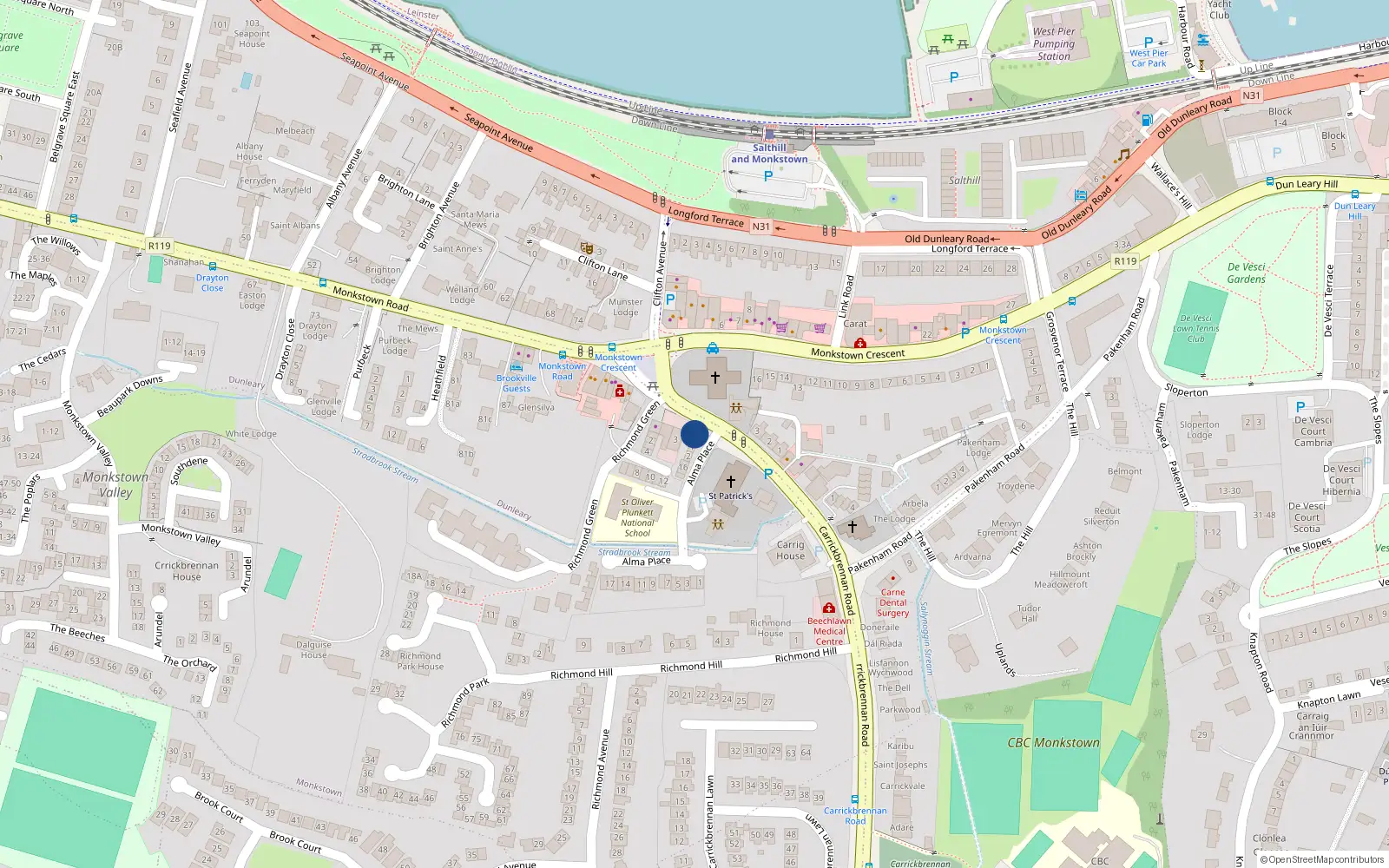 Overhead map showing the location of Monkstown Sub P O, 5 Carrick Brennan Road, Monkstown